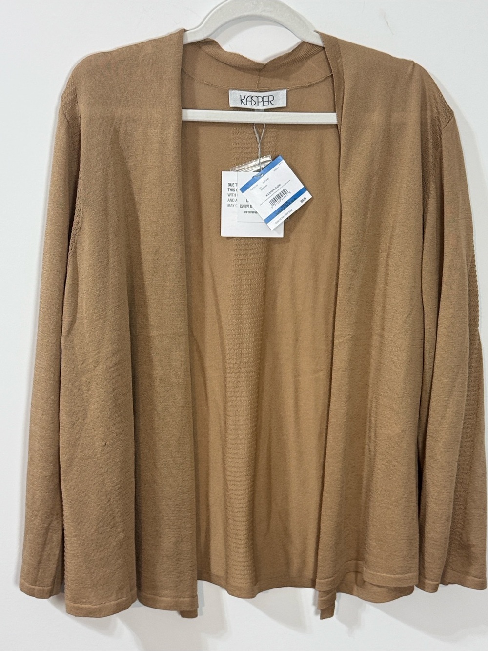 Kasper Women's Open-Front Cardigan in Camel Brown w/ Sheer Detail- Size XL